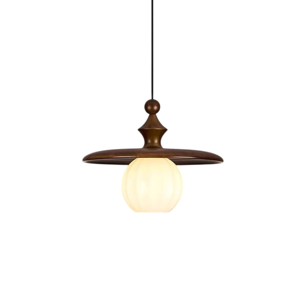 Ribbed Milk Glass & Wood Pendant Light
