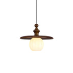 Ribbed Milk Glass & Wood Pendant Light