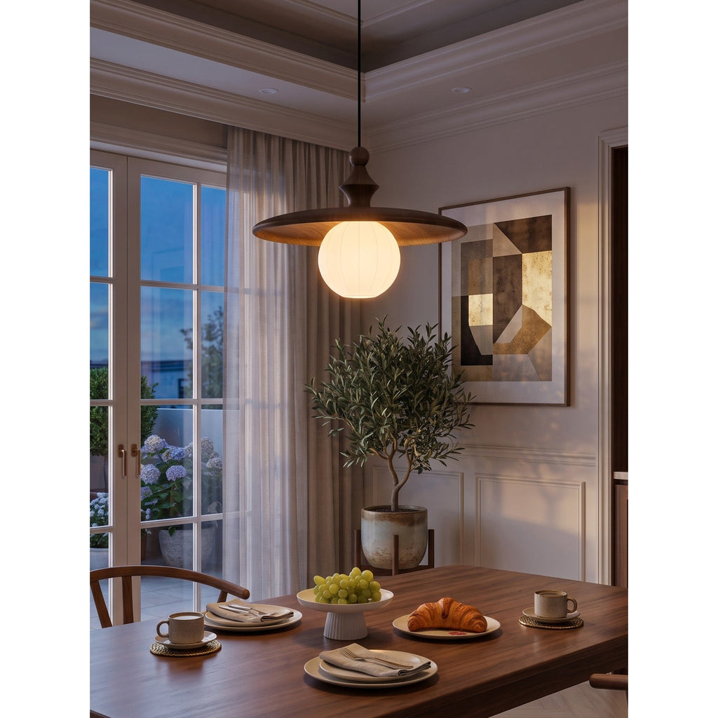 Ribbed Milk Glass & Wood Pendant Light
