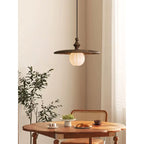 Ribbed Milk Glass & Wood Pendant Light