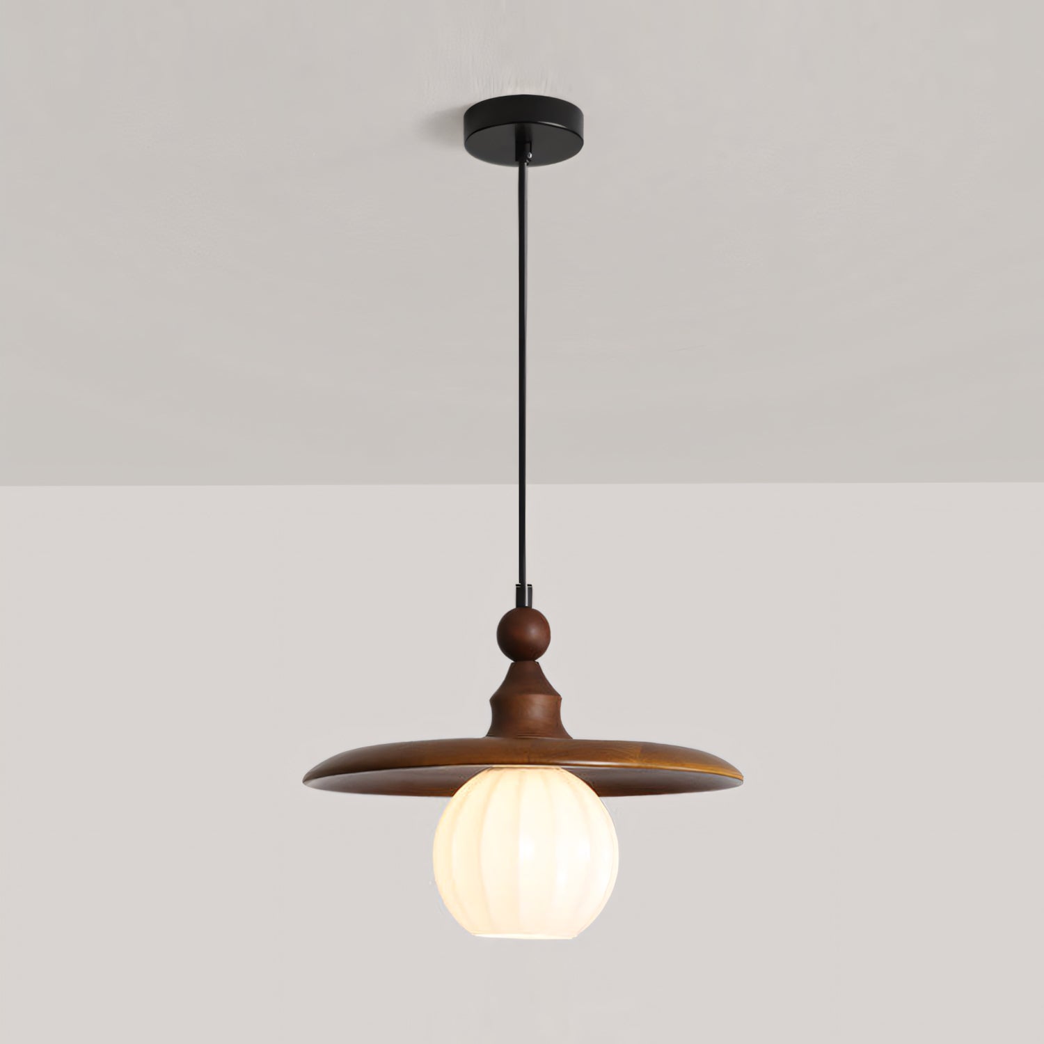 Ribbed Milk Glass & Wood Pendant Light