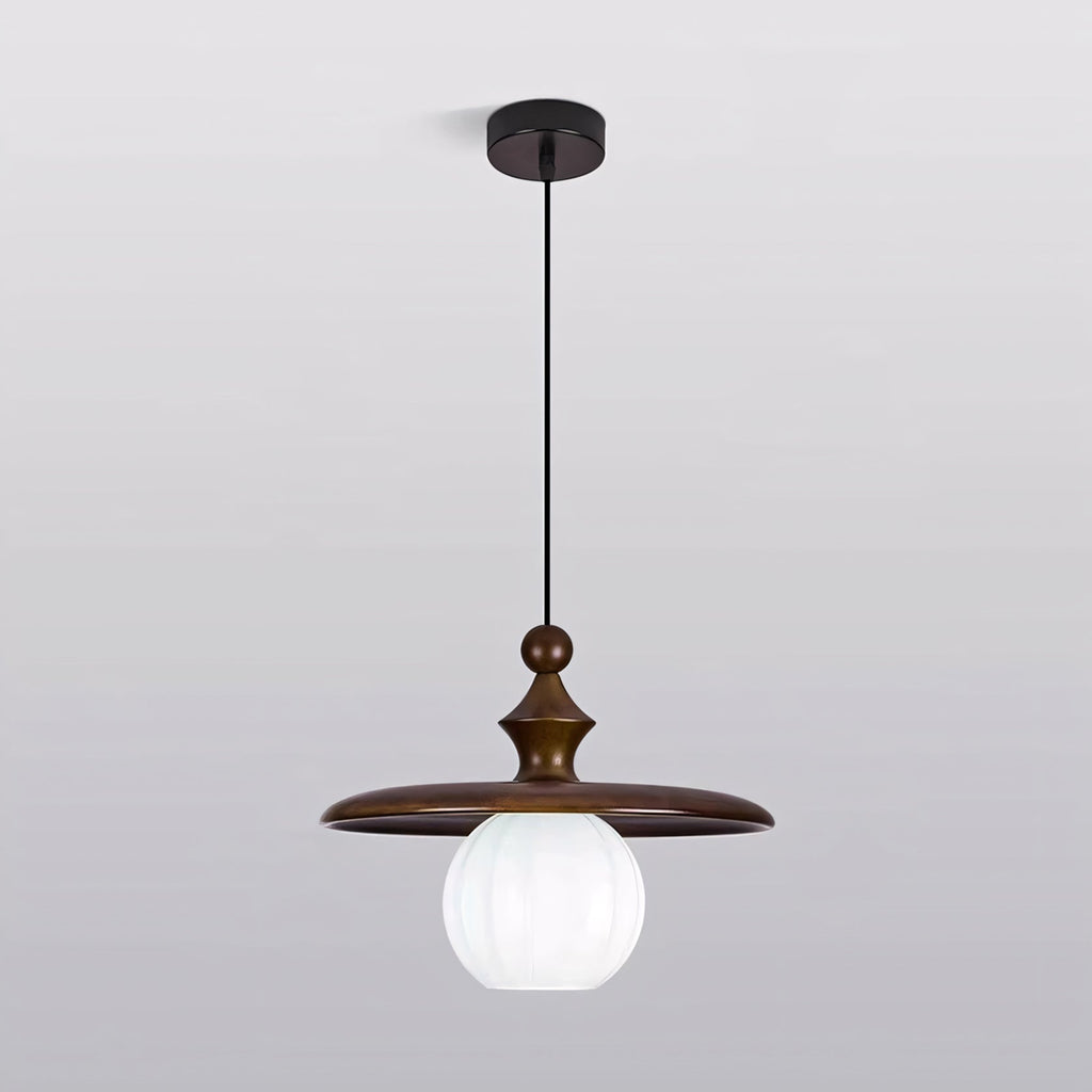 Ribbed Milk Glass & Wood Pendant Light