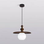 Ribbed Milk Glass & Wood Pendant Light