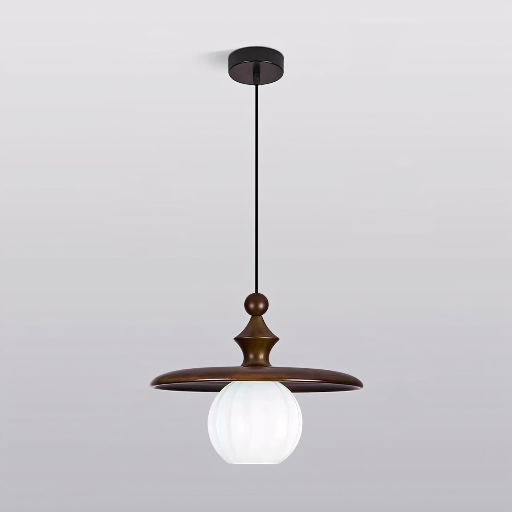 Ribbed Milk Glass & Wood Pendant Light
