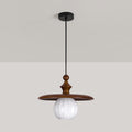 Ribbed Milk Glass & Wood Pendant Light