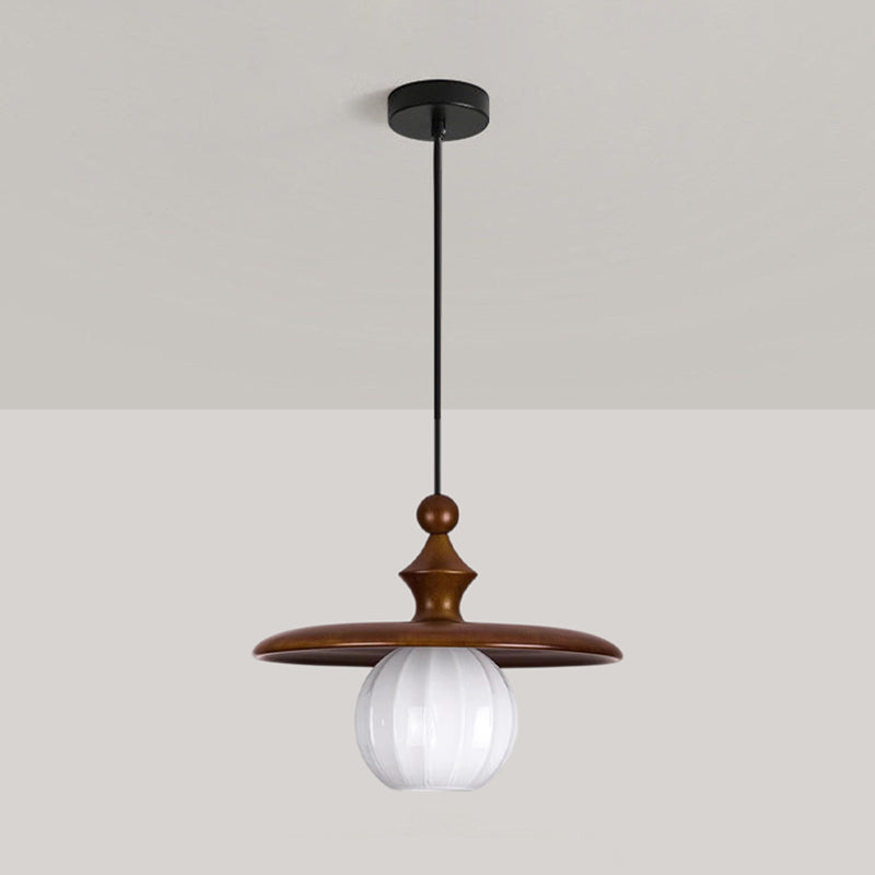 Ribbed Milk Glass & Wood Pendant Light