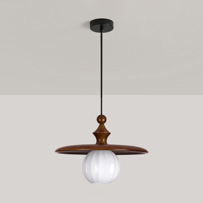 Ribbed Milk Glass & Wood Pendant Light