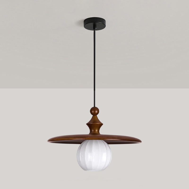 Ribbed Milk Glass & Wood Pendant Light