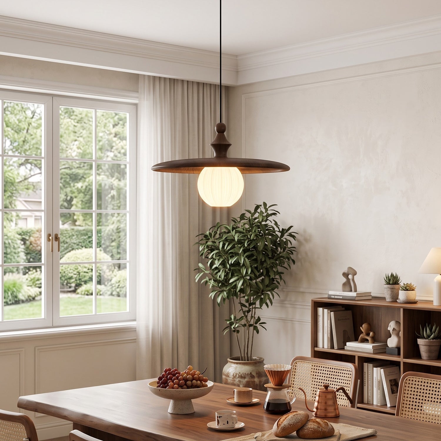 Ribbed Milk Glass & Wood Pendant Light