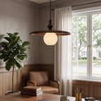 Ribbed Milk Glass & Wood Pendant Light