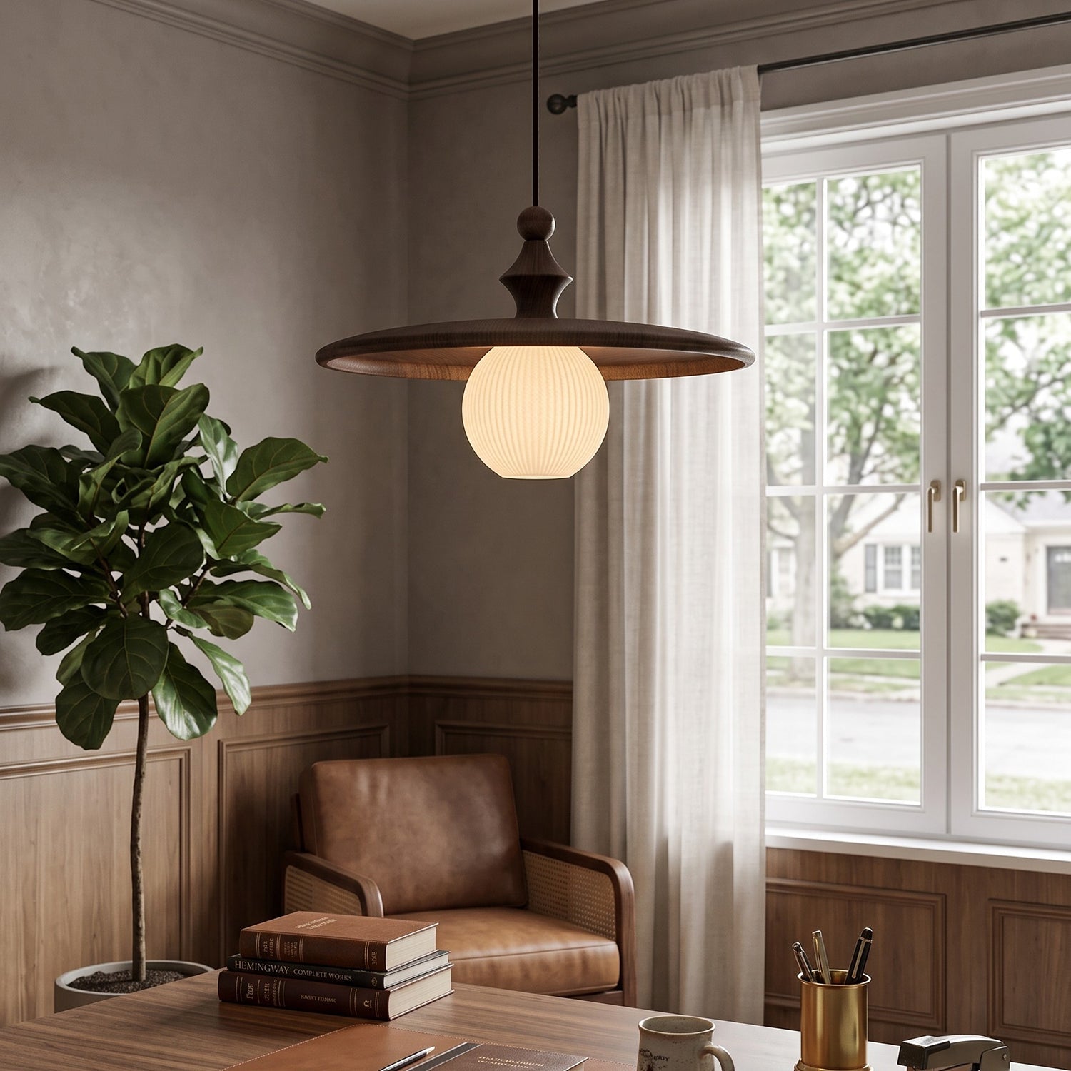 Ribbed Milk Glass & Wood Pendant Light