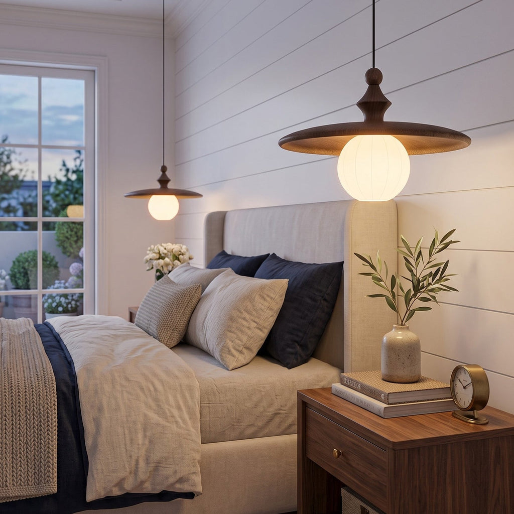 Ribbed Milk Glass & Wood Pendant Light