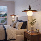 Ribbed Milk Glass & Wood Pendant Light