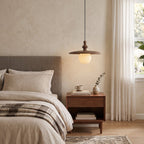 Ribbed Milk Glass & Wood Pendant Light