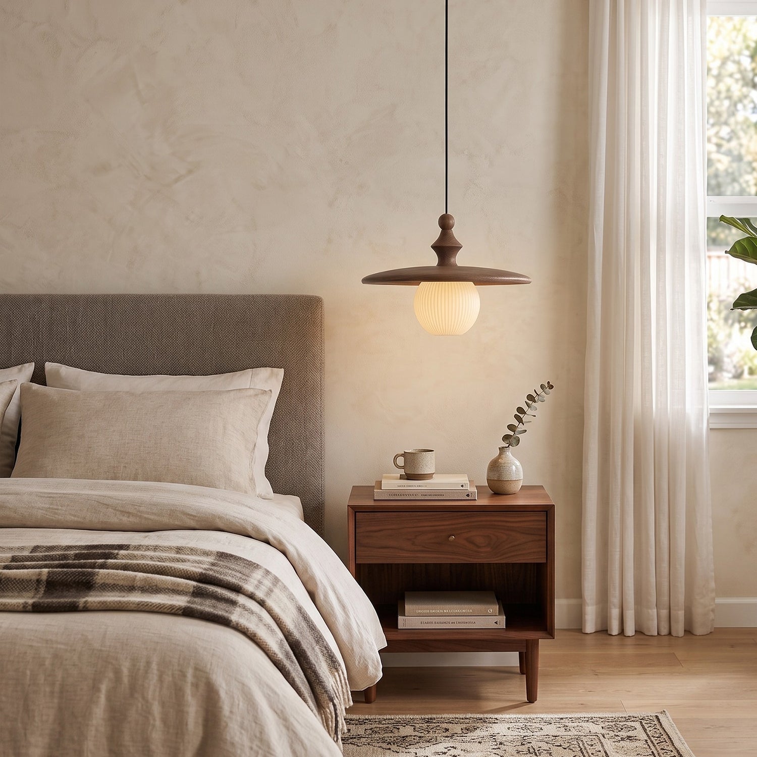 Ribbed Milk Glass & Wood Pendant Light