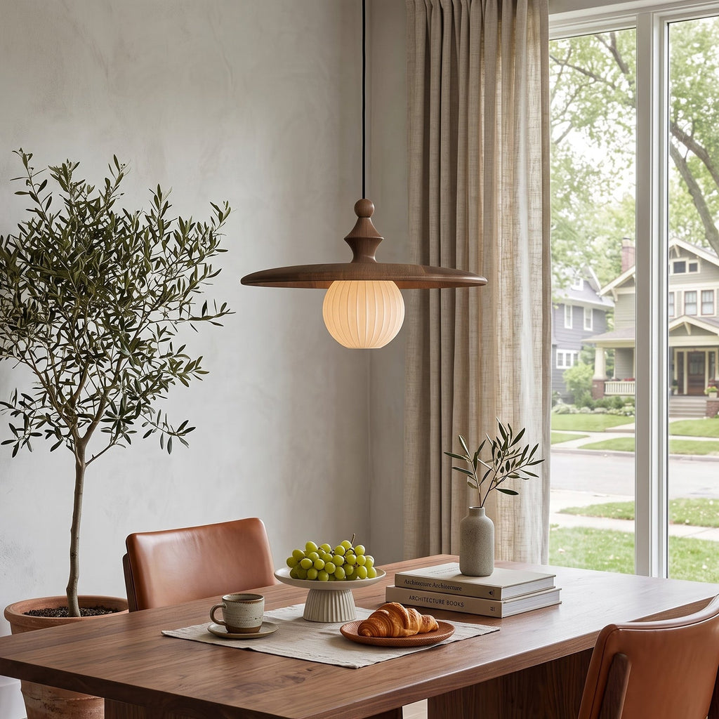 Ribbed Milk Glass & Wood Pendant Light