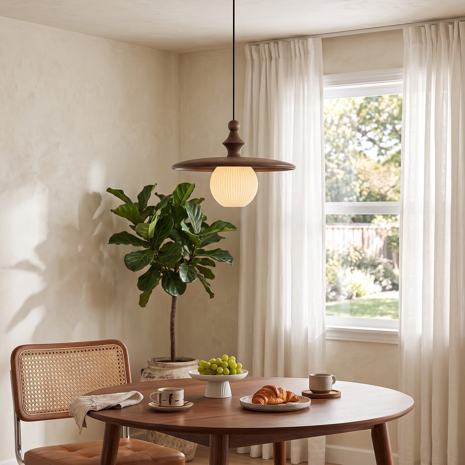 Ribbed Milk Glass & Wood Pendant Light