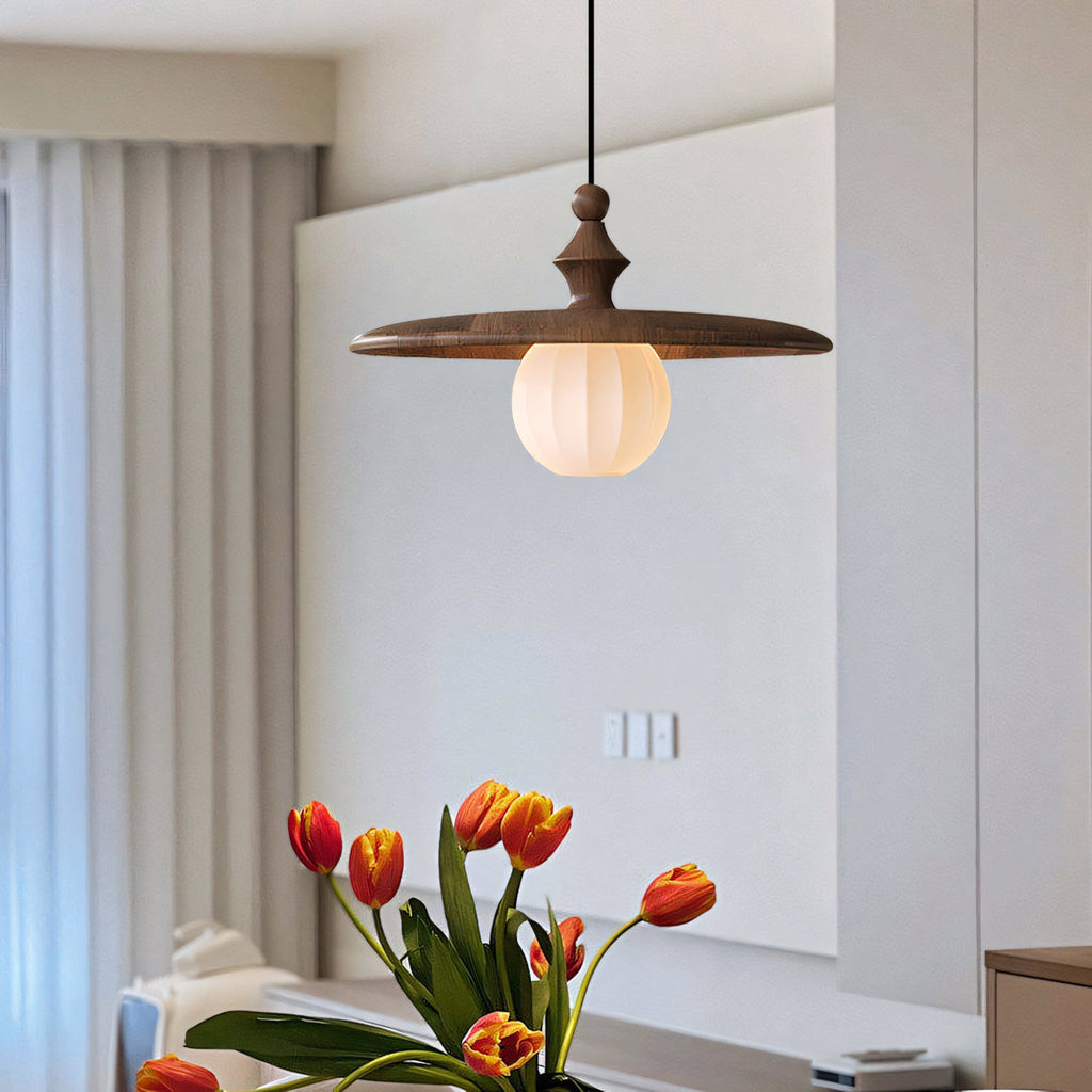 Ribbed Milk Glass & Wood Pendant Light