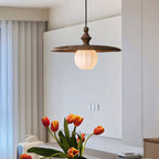 Ribbed Milk Glass & Wood Pendant Light