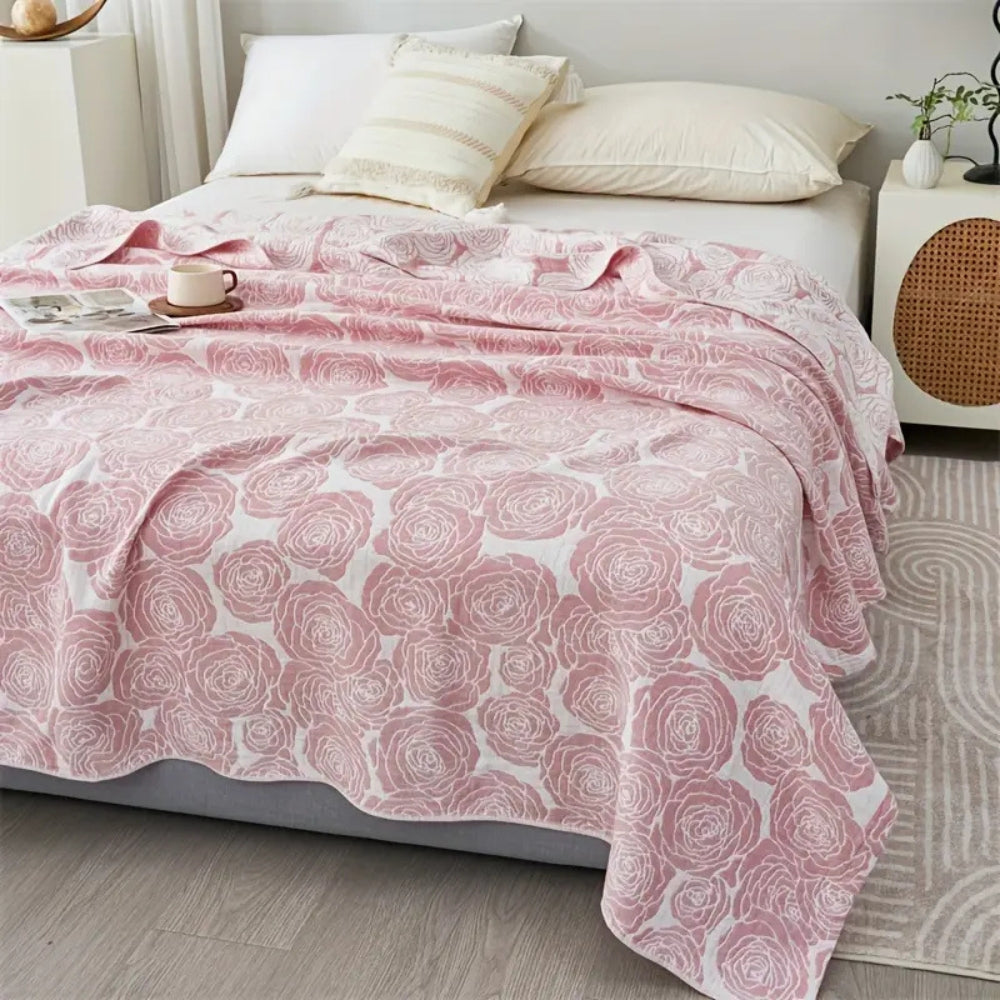 Whispering Bait: Elegant Cotton Blanket with Rose Jacquard & Light Texture – for Sofa & Bedroom