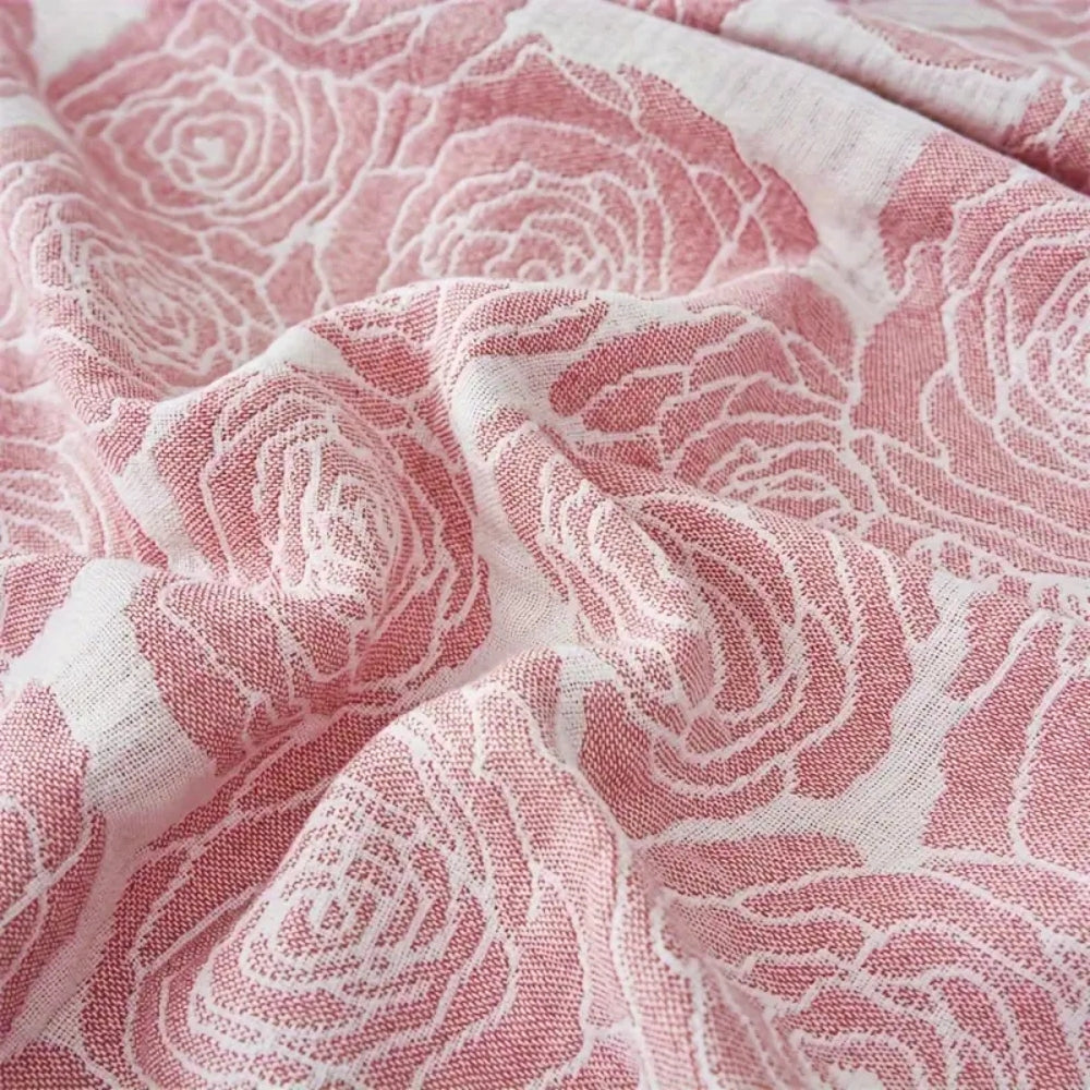 Whispering Bait: Elegant Cotton Blanket with Rose Jacquard & Light Texture – for Sofa & Bedroom