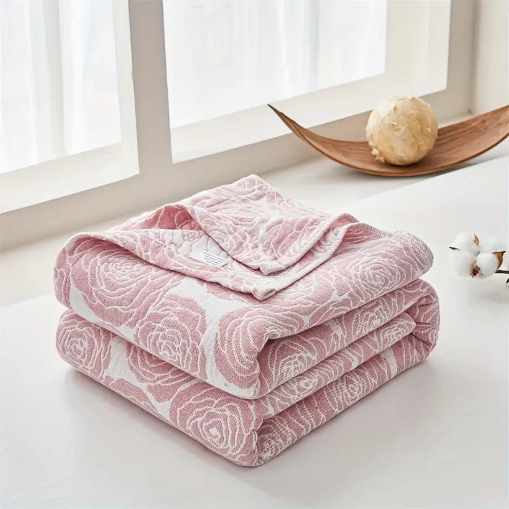 Whispering Bait: Elegant Cotton Blanket with Rose Jacquard & Light Texture – for Sofa & Bedroom