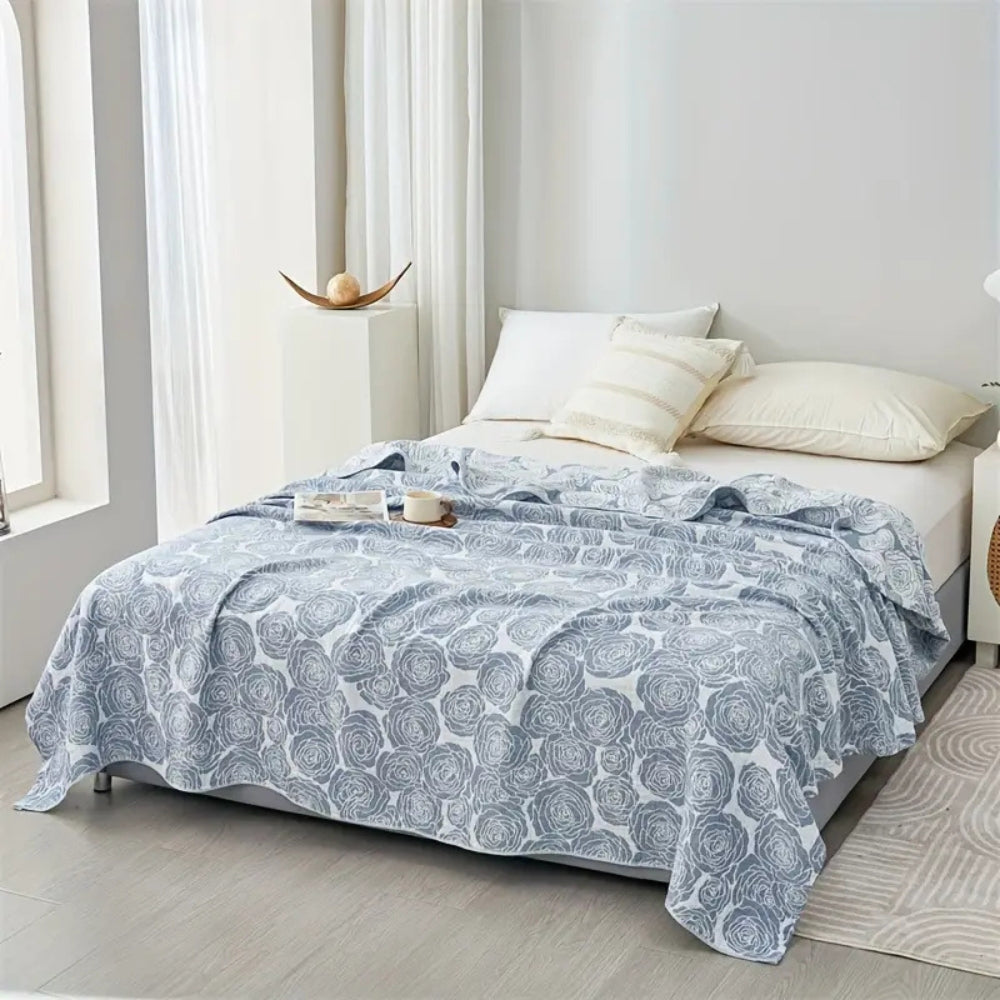 Whispering Bait: Elegant Cotton Blanket with Rose Jacquard & Light Texture – for Sofa & Bedroom