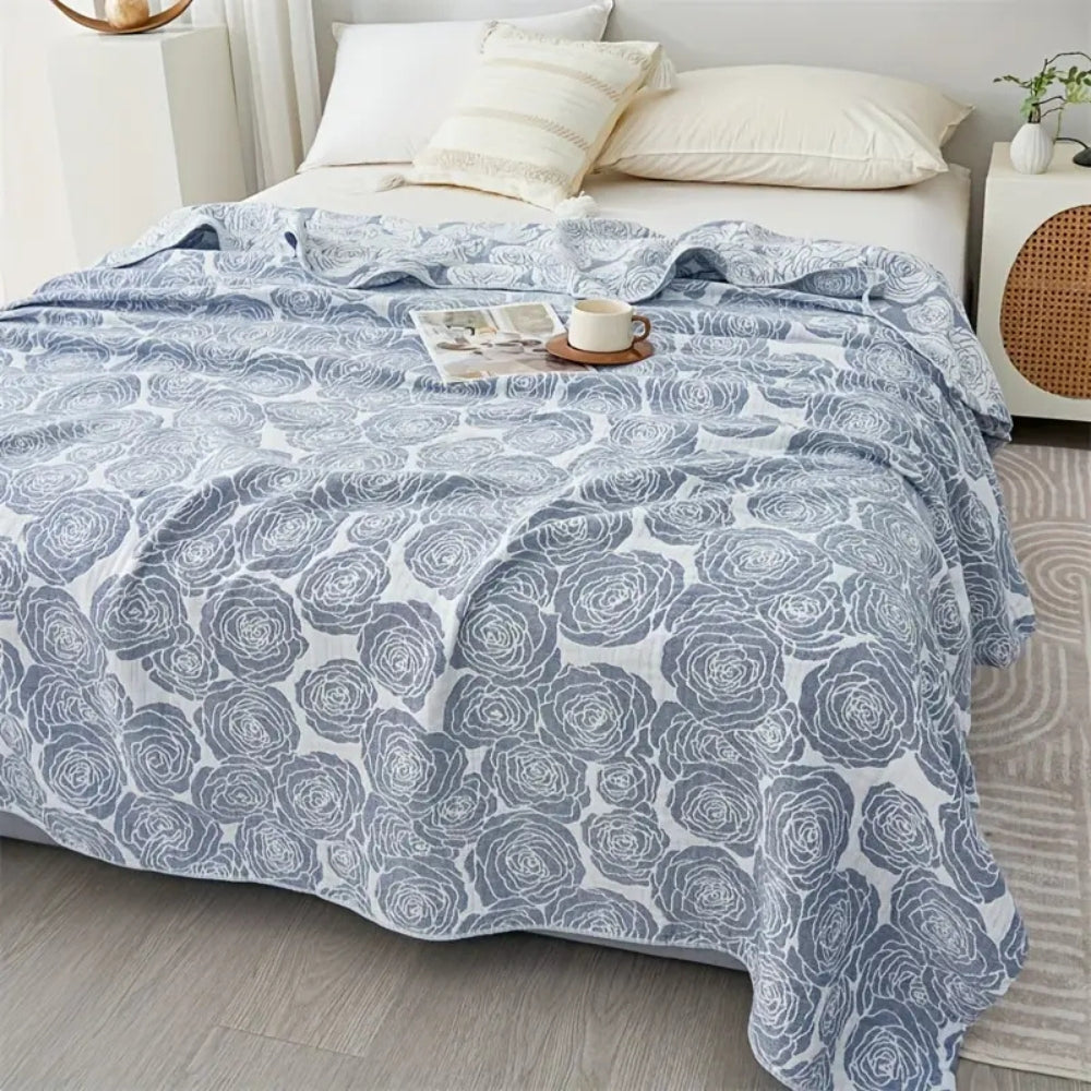 Whispering Bait: Elegant Cotton Blanket with Rose Jacquard & Light Texture – for Sofa & Bedroom