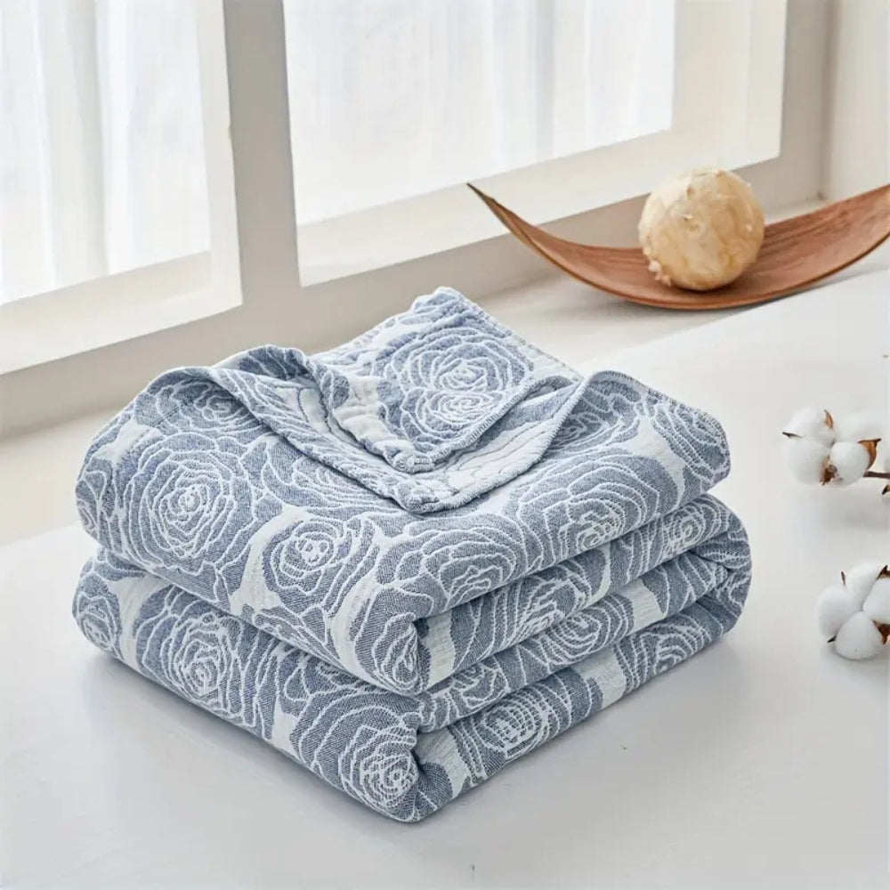 Whispering Bait: Elegant Cotton Blanket with Rose Jacquard & Light Texture – for Sofa & Bedroom
