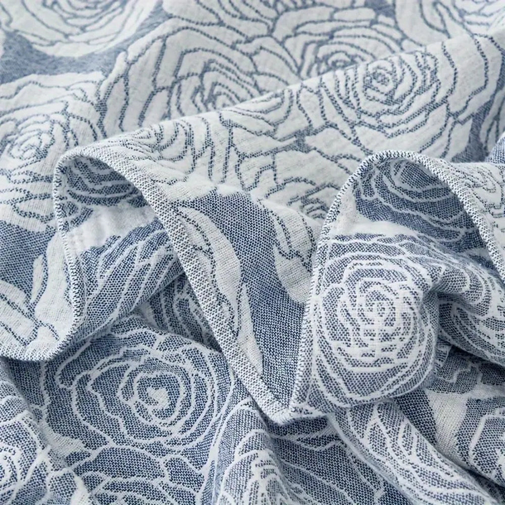 Whispering Bait: Elegant Cotton Blanket with Rose Jacquard & Light Texture – for Sofa & Bedroom