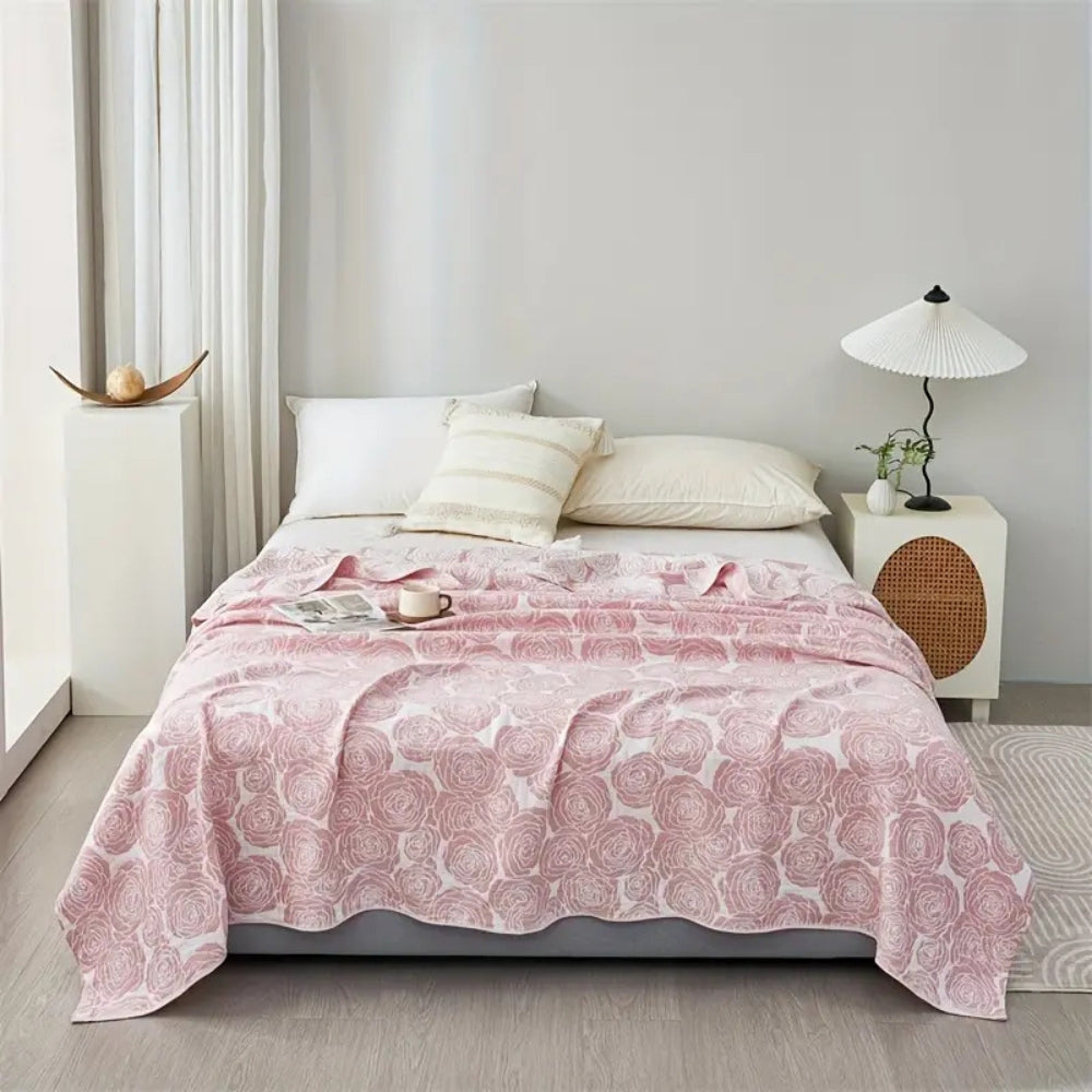 Whispering Bait: Elegant Cotton Blanket with Rose Jacquard & Light Texture – for Sofa & Bedroom