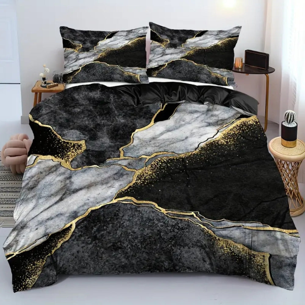RoyalNest: Duvet Cover Set Elegant – Soft, Easy Care & Modern with Golden Marble Pattern for Guest Rooms