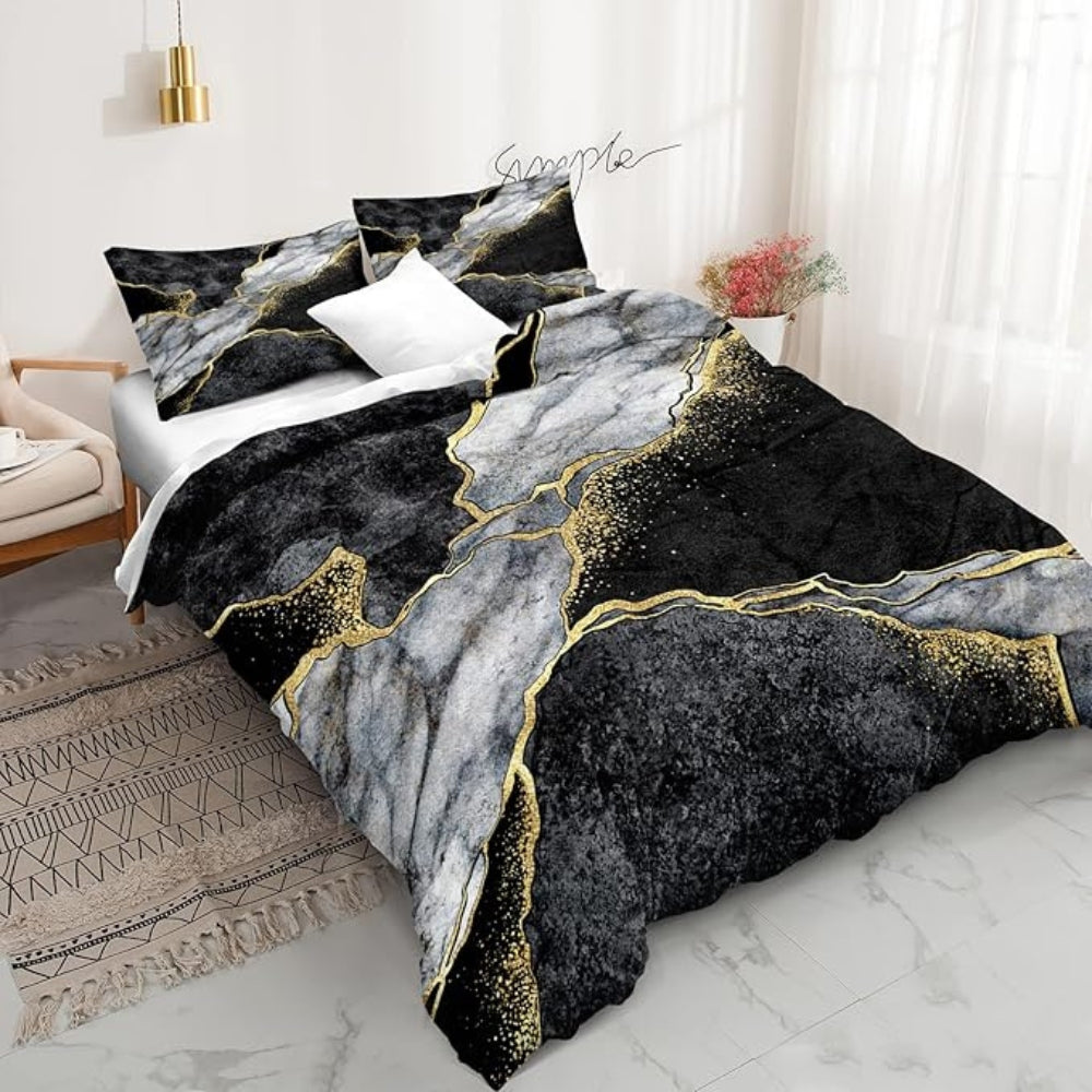 RoyalNest: Duvet Cover Set Elegant – Soft, Easy Care & Modern with Golden Marble Pattern for Guest Rooms