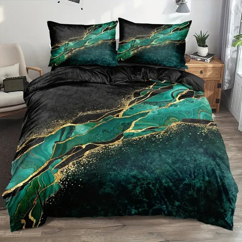RoyalNest: Duvet Cover Set Elegant – Soft, Easy Care & Modern with Golden Marble Pattern for Guest Rooms