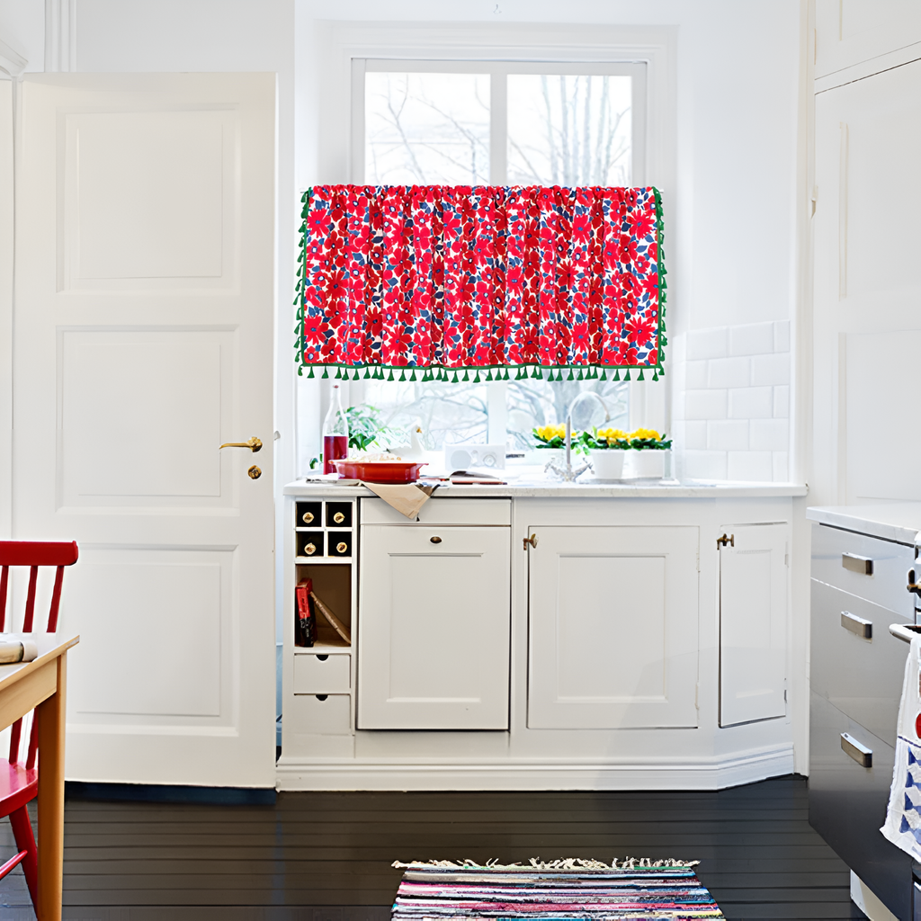 KitchenBlossom: Curtains in Country Style with Floral Pattern & Tassels – Light Filtering for Cabinets & Kitchen Windows