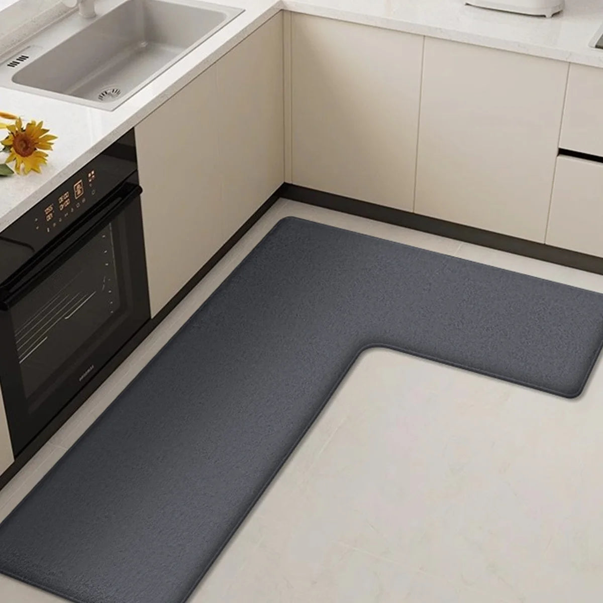 L-Shaped Anti-Fatigue Kitchen Mat with Non-Slip Backing – Soft Flannel, Washable and Highly Absorbent Kitchen Rug