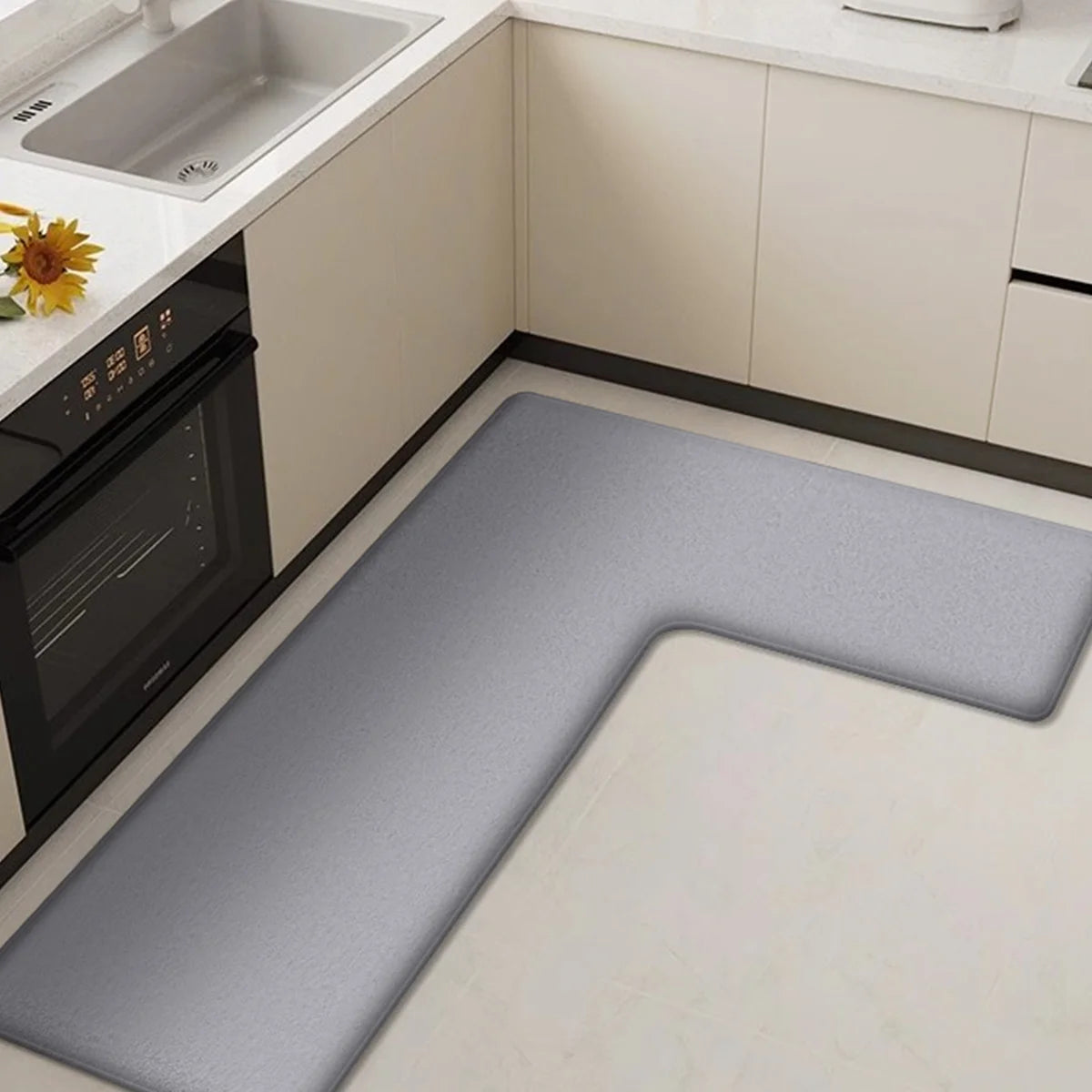 L-Shaped Anti-Fatigue Kitchen Mat with Non-Slip Backing – Soft Flannel, Washable and Highly Absorbent Kitchen Rug