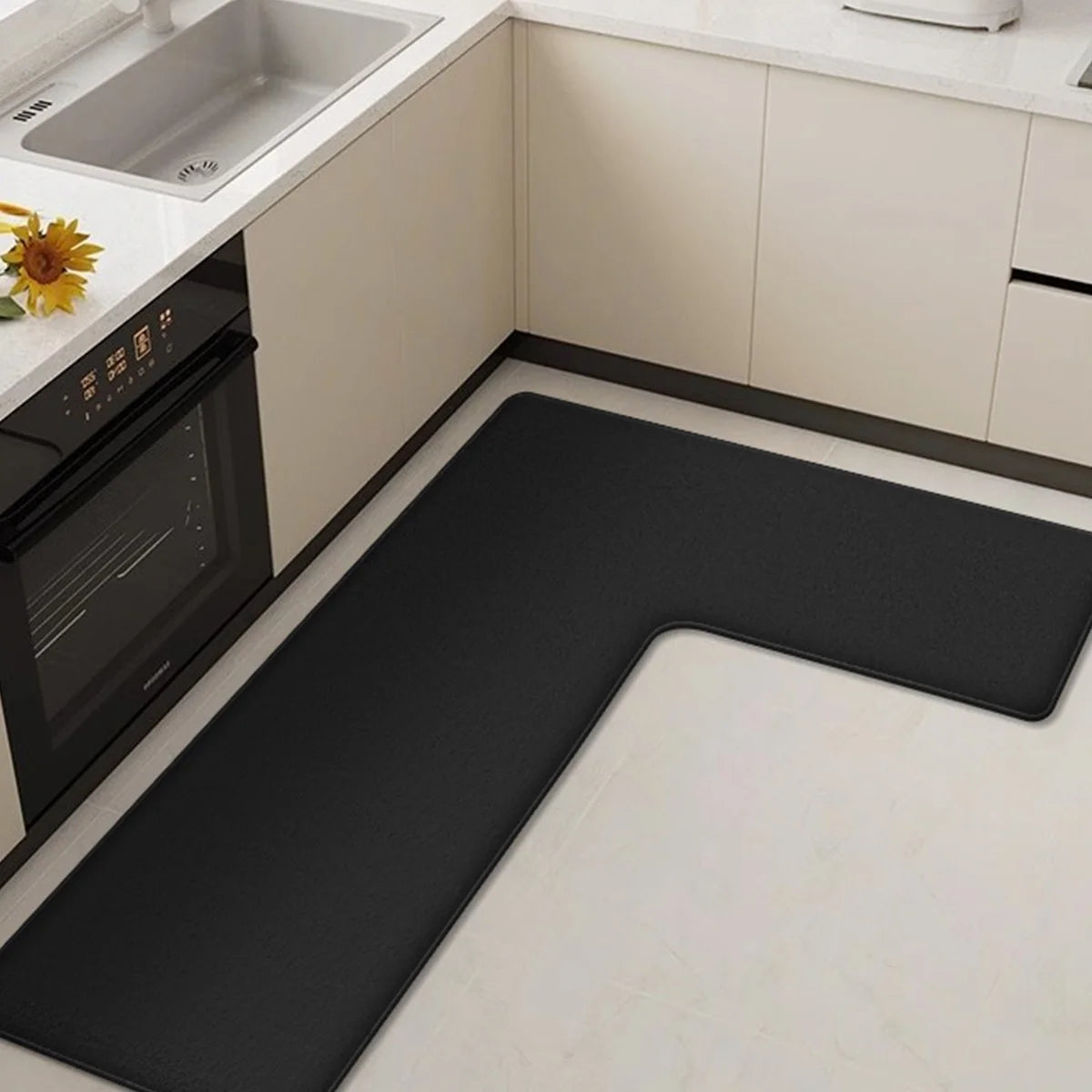 L-Shaped Anti-Fatigue Kitchen Mat with Non-Slip Backing – Soft Flannel, Washable and Highly Absorbent Kitchen Rug