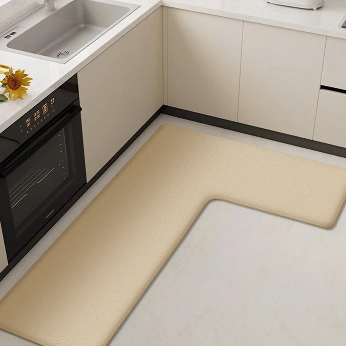 L-Shaped Anti-Fatigue Kitchen Mat with Non-Slip Backing – Soft Flannel, Washable and Highly Absorbent Kitchen Rug