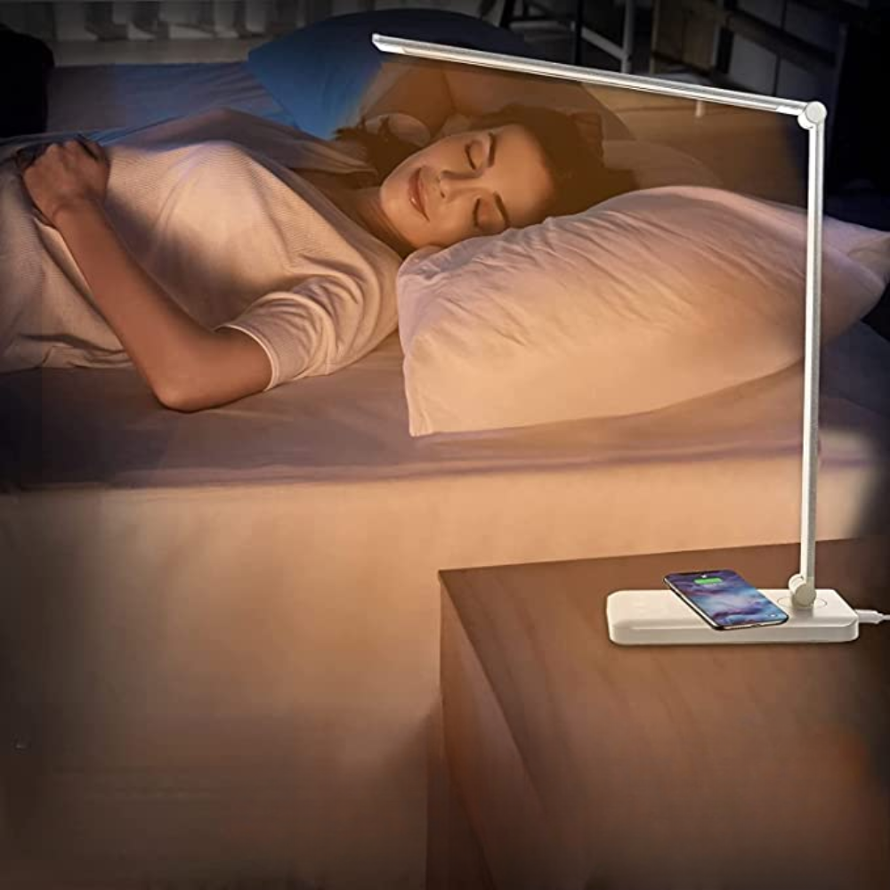 LED Desk Lamp with USB Charging Port, 5 Light Modes, Adjustable Brightness, Modern Eye-Friendly Design