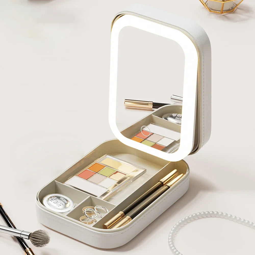 LED Mirror Cosmetic Case Portable Makeup Organizer with Adjustable LED Light