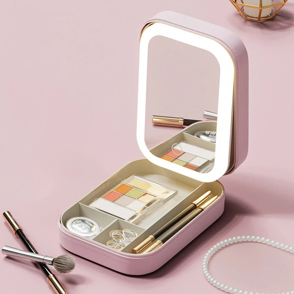 LED Mirror Cosmetic Case Portable Makeup Organizer with Adjustable LED Light