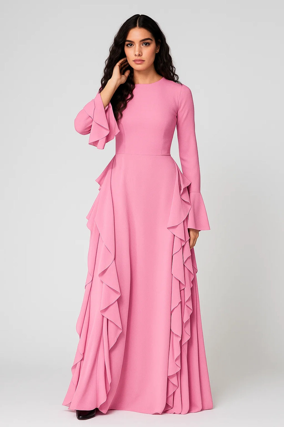 Long Sleeve Maxi Dress with Side Ruffles