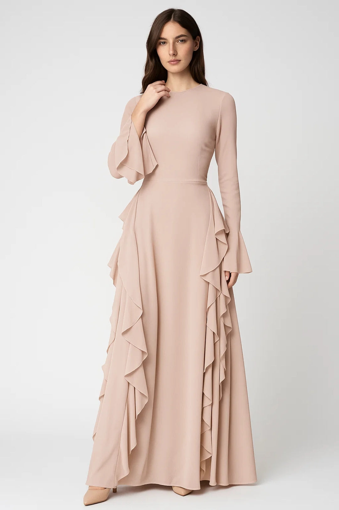 Long Sleeve Maxi Dress with Side Ruffles