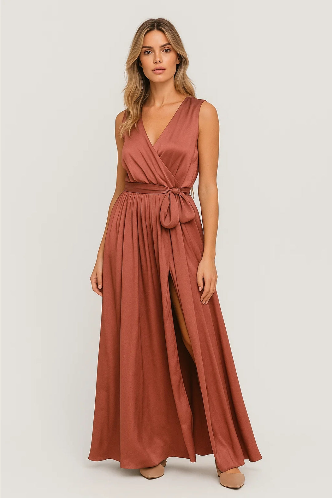 Sleeveless Wrap Maxi Dress with Front Slit