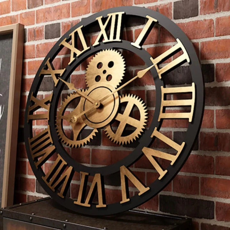 Industrial Gear Wall Clock, Roman Numerals, Silent Non-Ticking Movement