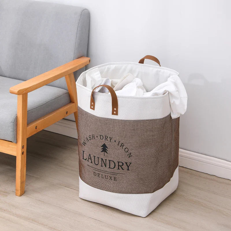 Modern Laundry Hamper Basket with Leather Handles – Large Fabric Clothes Organizer