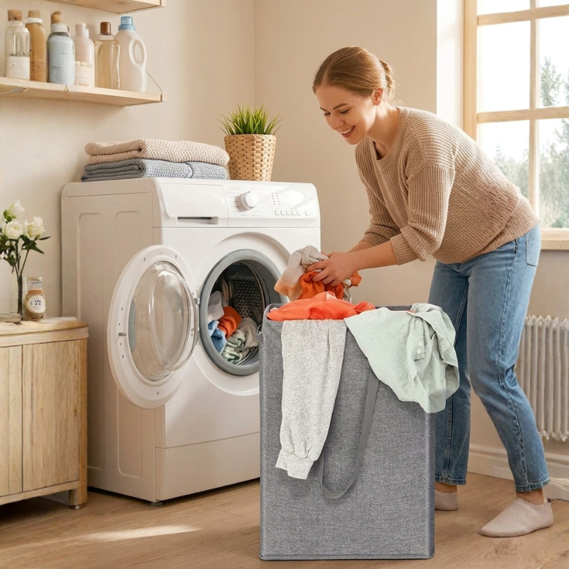Laundry Hamper Linen Fabric Slim Profile Waterproof Lining Removable Lid Handles