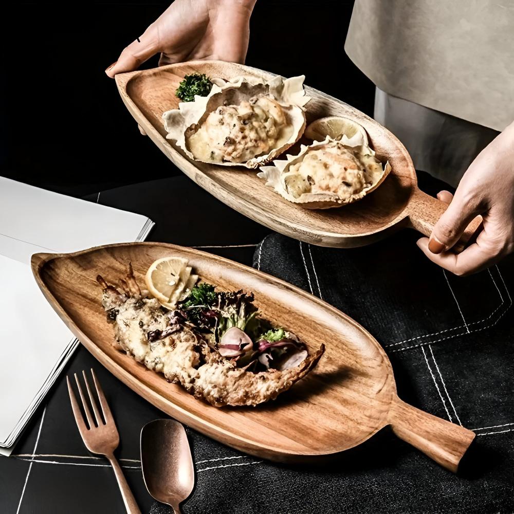 Serving Plate Leaf Shaped Wooden Natural Finish Platter