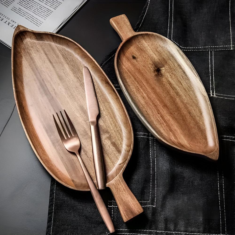 Serving Plate Leaf Shaped Wooden Natural Finish Platter